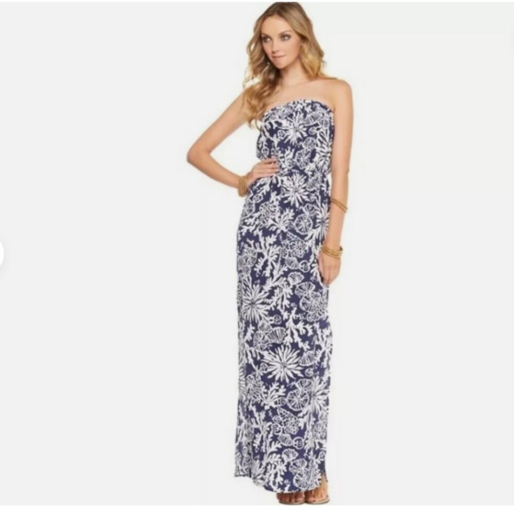 Lilly Pulitzer Emmett Maxi In the Groove Navy White Strapless Dress Sz Small